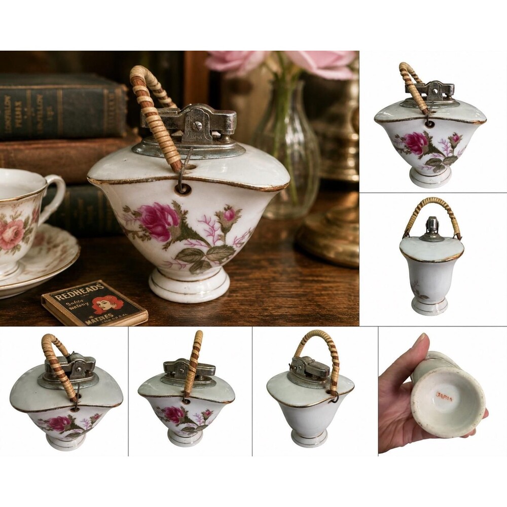 Vintage Ceramic Table Lighter Japan Rose Floral Mid Century Tobacciana